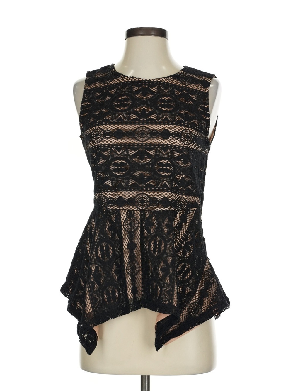 BCBGMaxAzria Black Lace Peplum Top with Nude Underlay
